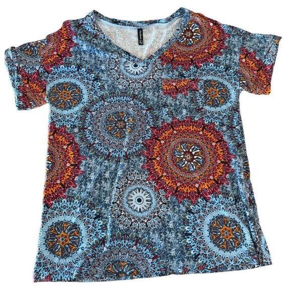 Top Blouse Womens Sz L Blue Orange Red Mandala V-Neck Stretch Tunic Petal - Picture 1 of 8